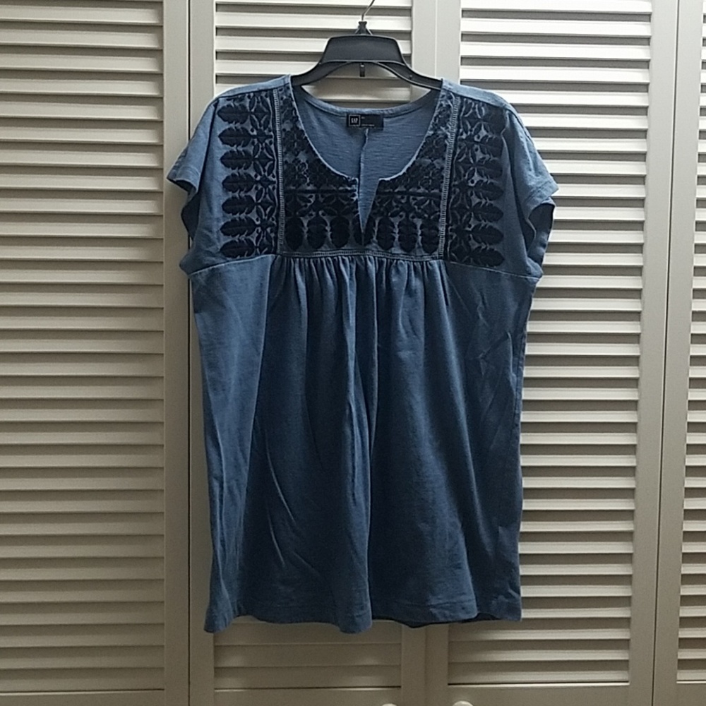 GAP Blue Blouse With Embroided Neckline
